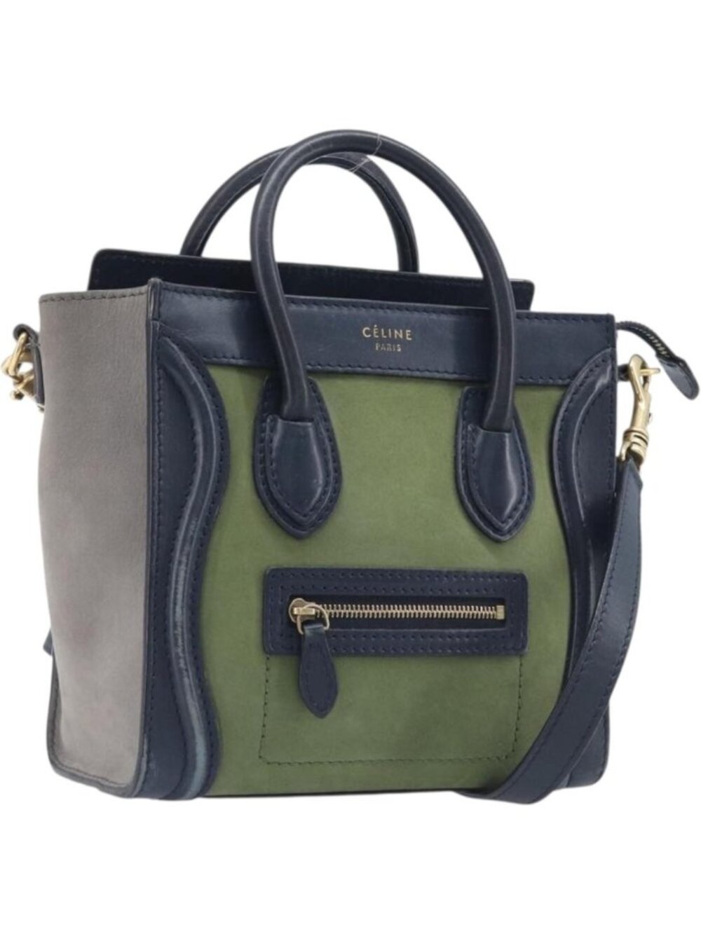 CELINE Luggage Nano Shopper Hand Bag Leather 2way Navy Gold